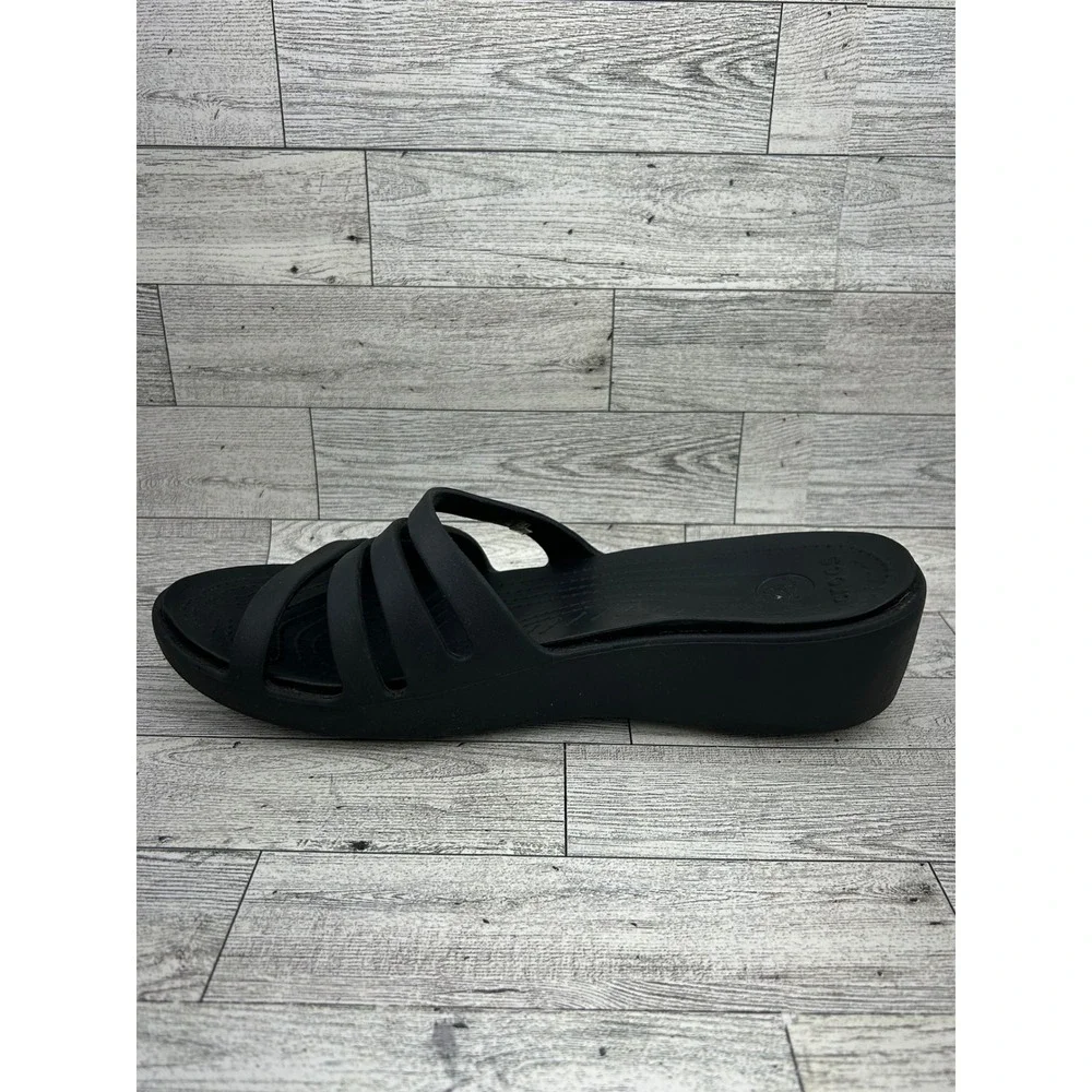 Crocs Women's‎ Rhonda Black Multi Strap Wedge Sandals Slides Comfort Size 11